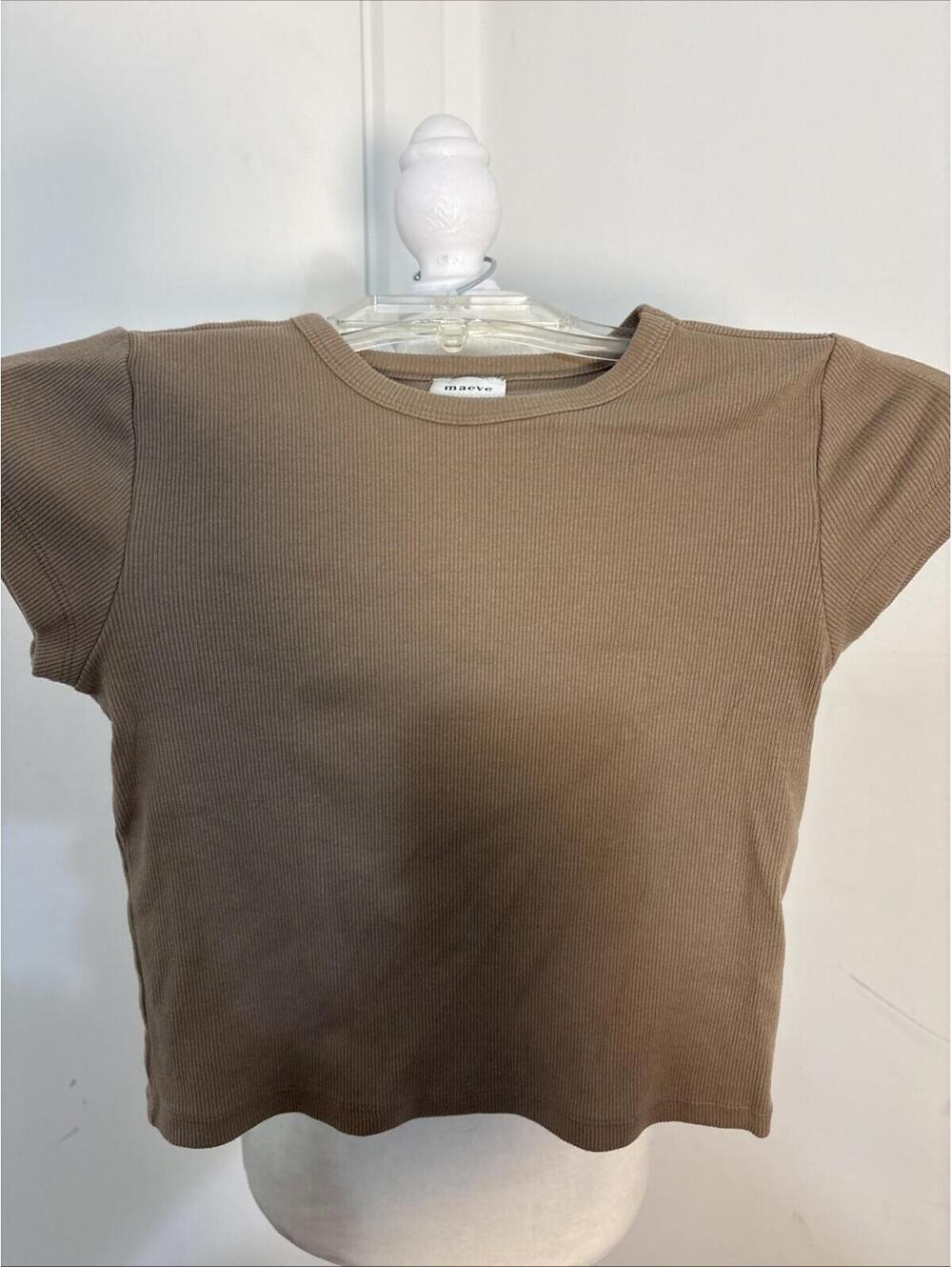 Anthropologie Maeve Ribbed Knit Cropped Short Sleeve Tee Beige